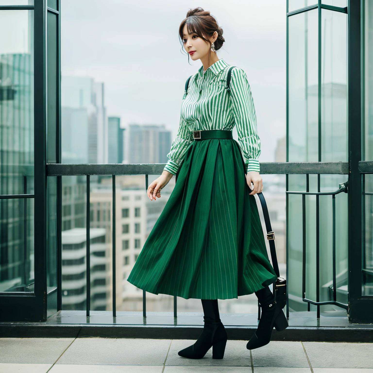 A woman wearing a green striped shirt, long skirt with black suspenders, and black high heels.