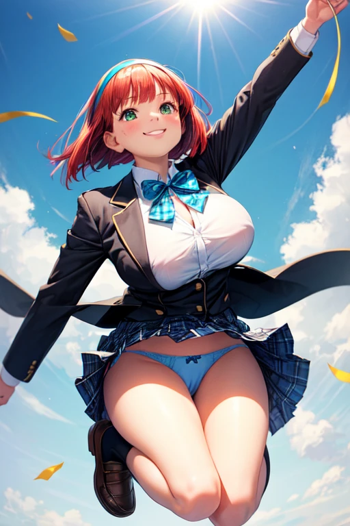 girl with,Smile faintly,Red Short Bob,Green eyes,Colossal tits,Black Blazer School Uniform,Light blue bow tie on the chest,light blue bowtie,Hair band on the head,shairband,plaid skirts,Fluttering skirt,Light blue panties under the skirt,Jumping,Dynamism,feeling active,Angle looking up from below