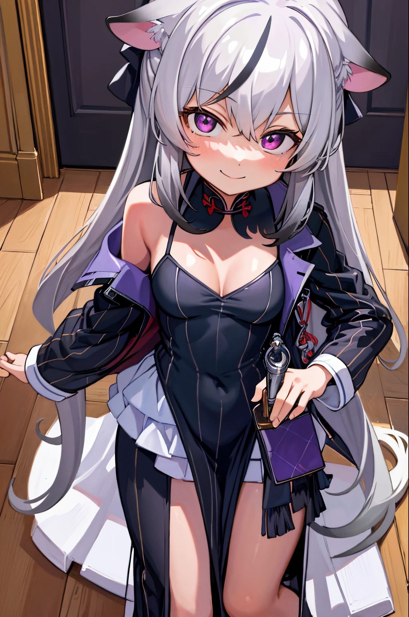 (best quality, ultra-detailed, masterpiece:1.2), 1girl, Gray hair Kokona, inside room, purple eye, the face, closeup cleavage, soft lighting, oil painting, detailed background, elegant pose, subtle smile, vibrant colors