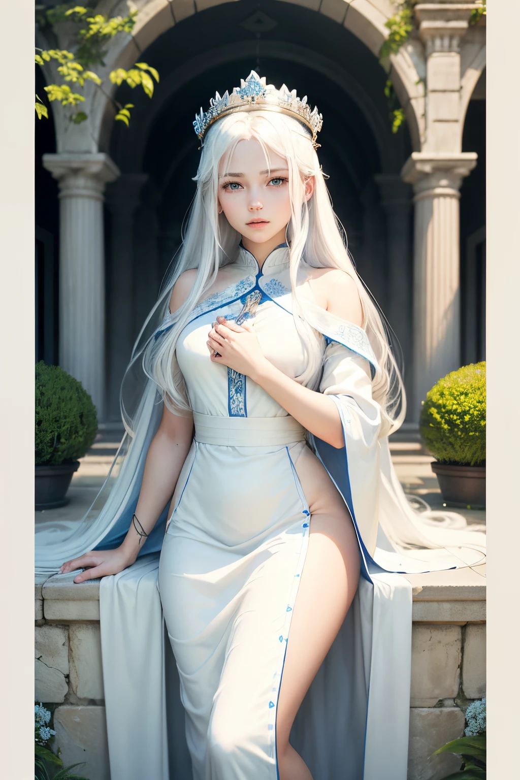 Wallpaper in a garden, a beautiful girl name is Lisa, 18 year old with blue eyes, long white hair, wearing a white tunic, Wear a long white robe and a crown, His face was full of murder