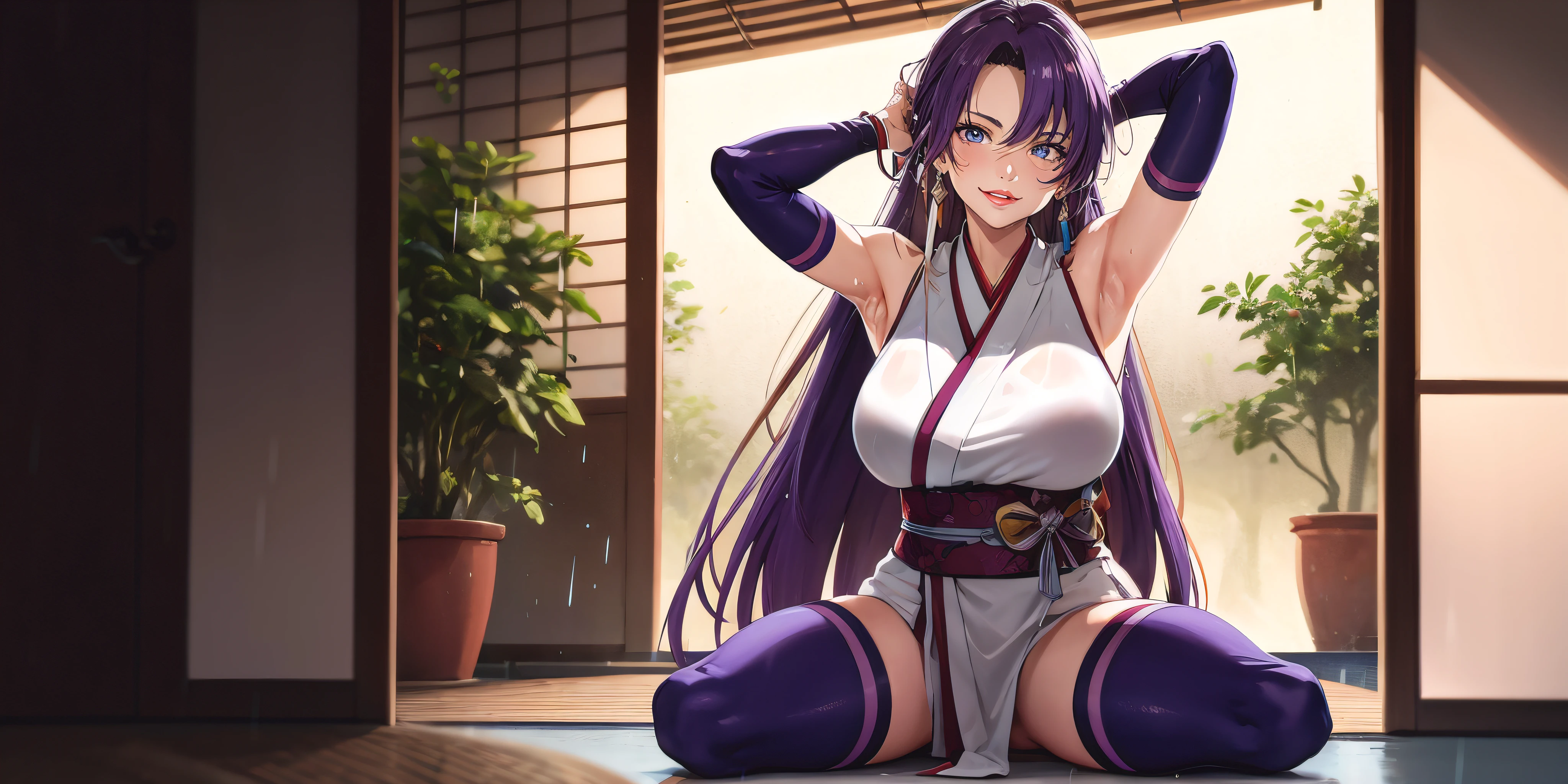 anatomically correct, best quality, masterpiece, high quality, high details, highres, HD, (shaded face:1.2), hollow eyes, purple eyes, looking at viewer, seductive smile, lips, purple hair, long hair, 1girl, breasts, long_hair, water drop, sliding_doors, japanese_clothes, kimono, armpits, shouji, rain, bangs, large_breasts, sleeveless, tatami, indoors, obi, sash, wet_clothes, wet, blush, looking_at_viewer, thighs, solo, bare_shoulders, window, sleeveless_kimono, plant