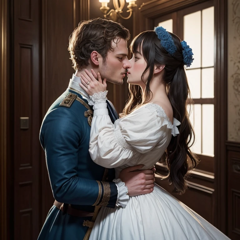 An image of them kissing passionately , Jamie Dorman y Dakota Johnson , Parte superior del cuerpo, of the British regency in Victorian period attire , con vestido azul del siglo XIX