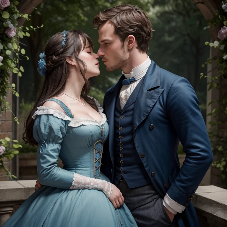 An image of them kissing passionately , Jamie Dorman y Dakota Johnson , Parte superior del cuerpo, of the British regency in Victorian period attire , con vestido azul del siglo XIX