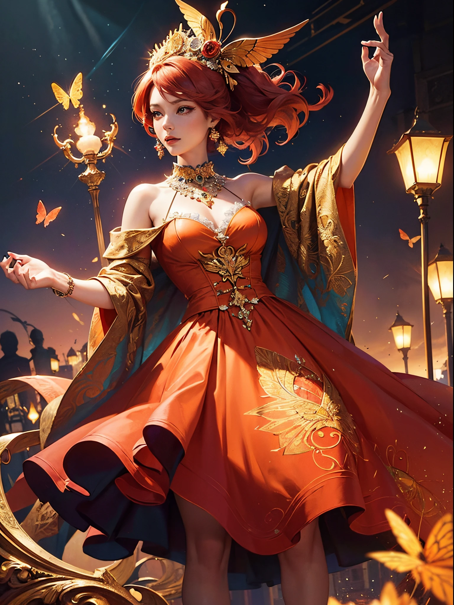 Butterfly motif、orange undertone、Vibrant colors、((masterpiece)))、(((top-quality)))、((ultra-detailliert))、(A hyper-realistic)、(highly detailed CGillustration)、Official art、Luxembourg in the early 20th century、Decadent、Madame Papillon、Cool Beauty、Masquerade、refinement、Elegance、Gorgeous、Colorful and detailed mask design、matchless beauty、Beautiful red hair、Fans、gorgeous dress、jewely、Female Solo、Perfect Angle、perfect-composition