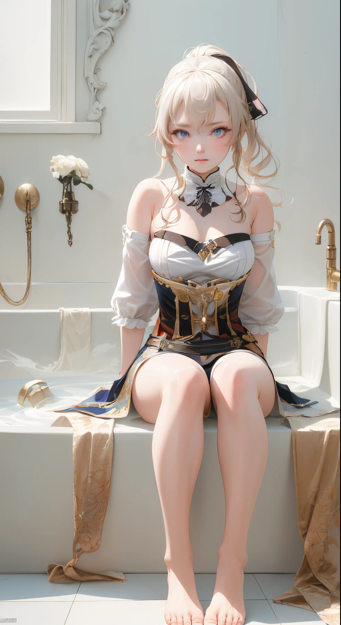 tmasterpiece，with a pure white background，8K art photography, realism concept art, Soft, Natural volume cinematic perfect light, epic, Popular topics on artstationh, a vibrant one, production cinematic character render, super high-quality model, lightand shade contrast，Anime girl sitting cross-legged in the bathtub，Bareleged，The barefoot，Hand detail， five finger，perfect  eyes，eyes are very detailed，with a round face，with her mouth open，tear drop，Raised sexy，plum，Bigchest，Blonde hair, Long gray hair,eBlue eyes,pony tails, Separate collar,Capulet, Lop, No shoulder strap, Split sleeves,Corset,obi strip