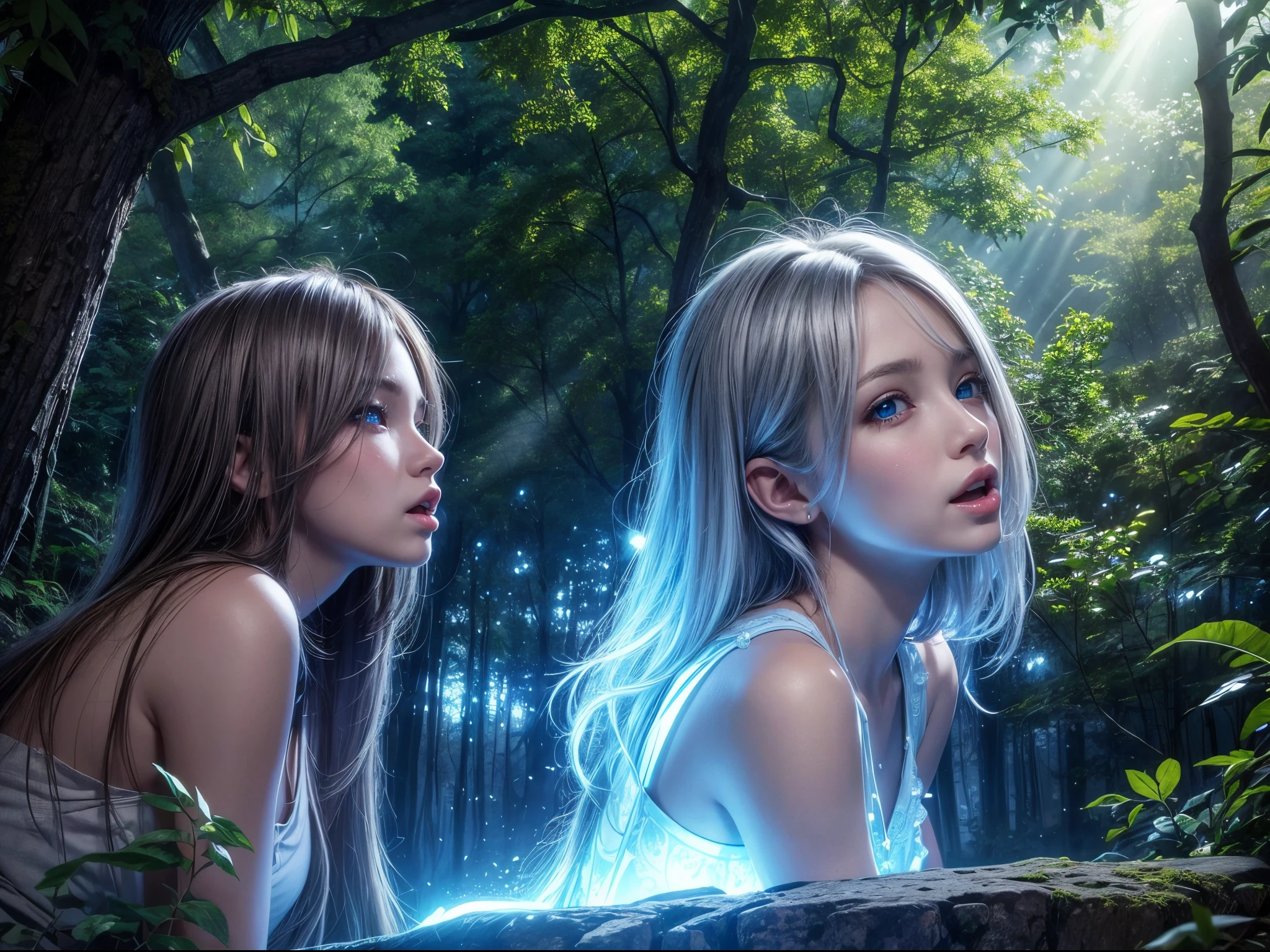 (​masterpiece), realistic, cinematic light, a girl is sitting in the forest, full body, from below and side, beautiful eyes, silver hair, perfect anatomy, very cute, (blue eyes), 8K, human hands, character sheets, concept-art, smooth and detailed hairstyle, eyes shed tears while holding back the pain, open mouth and stick your tongue out, black 
 light art