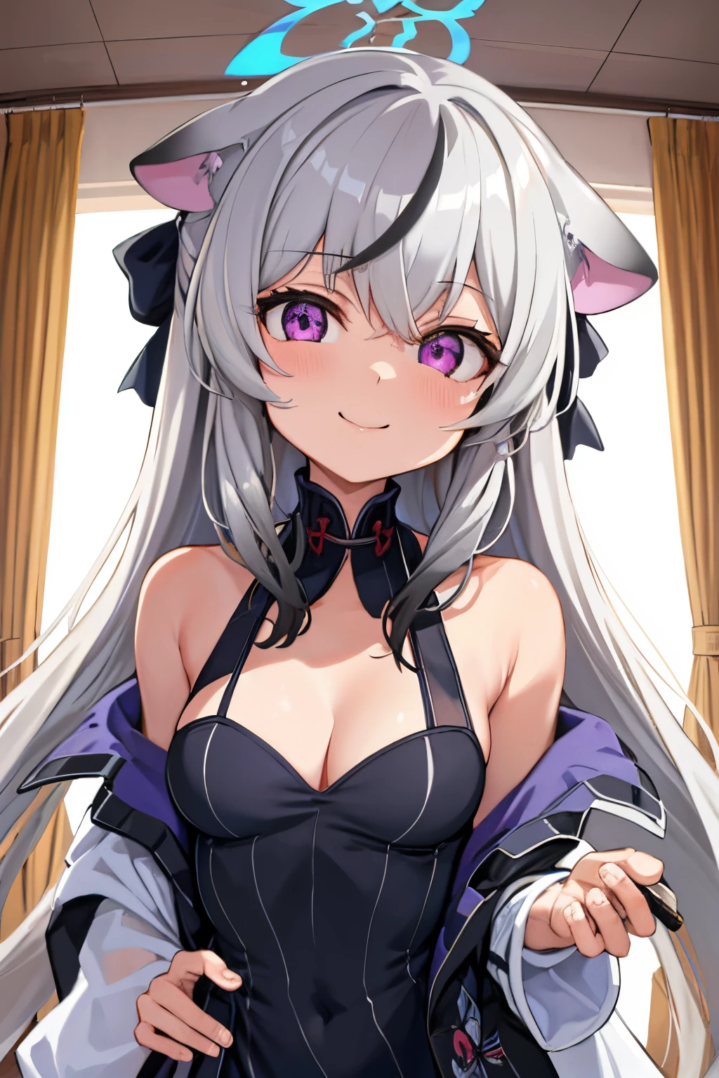 (best quality, ultra-detailed, masterpiece:1.2), 1girl, Gray hair Kokona, inside room, purple eye, the face, closeup cleavage, soft lighting, oil painting, detailed background, elegant pose, subtle smile, vibrant colors