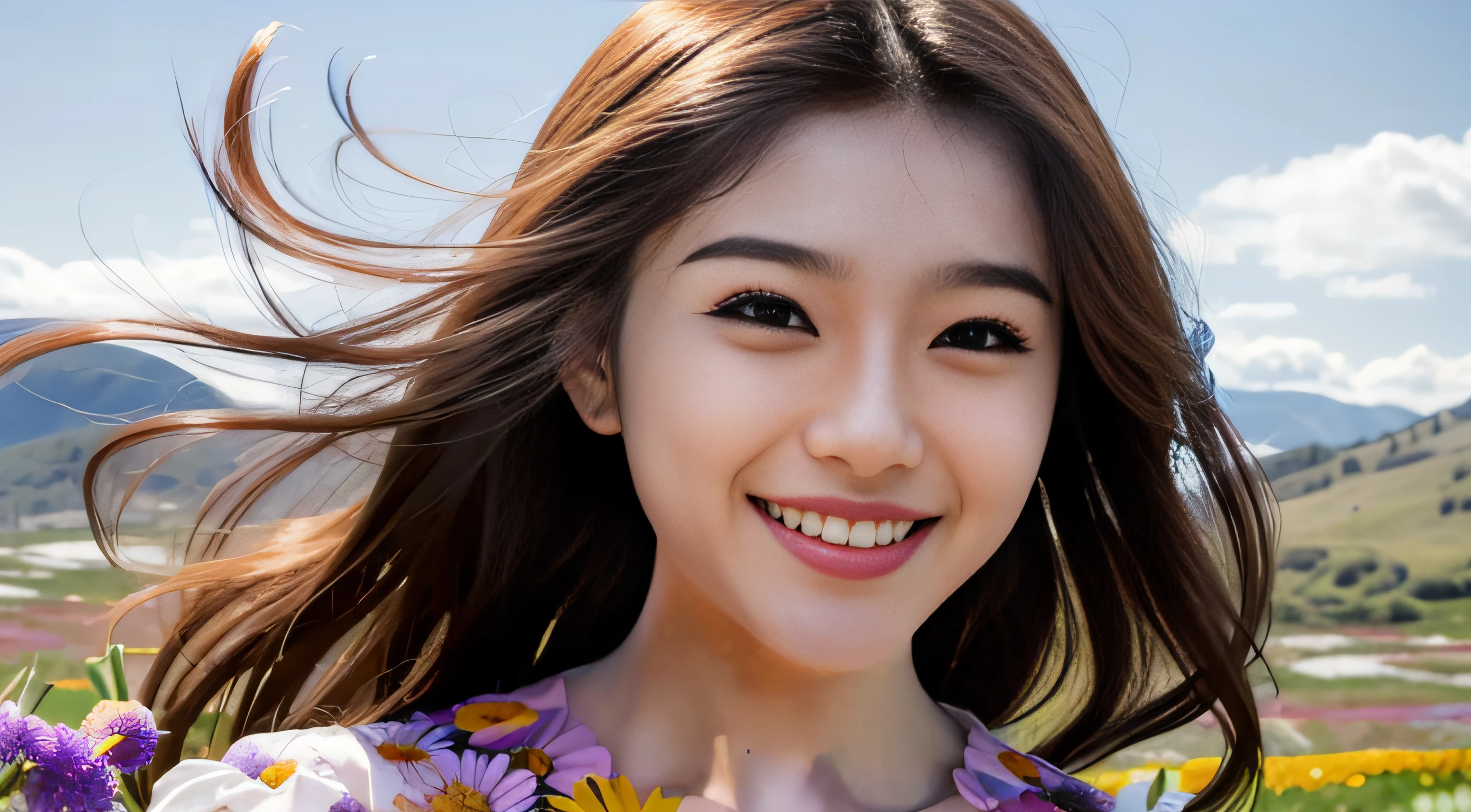 best quality, ultra high res, (photorealistic:1.2), a (smiling:1.4) 24-year-old Asian actress wearing elegant (wind blown:1.2) (dress:1.2) in a valley full with millions of (multi-color wild flowers:1.6), detailed face, (solo: 1.4), (wind blown:1.2) hair, mix4, (face lit:1.4)