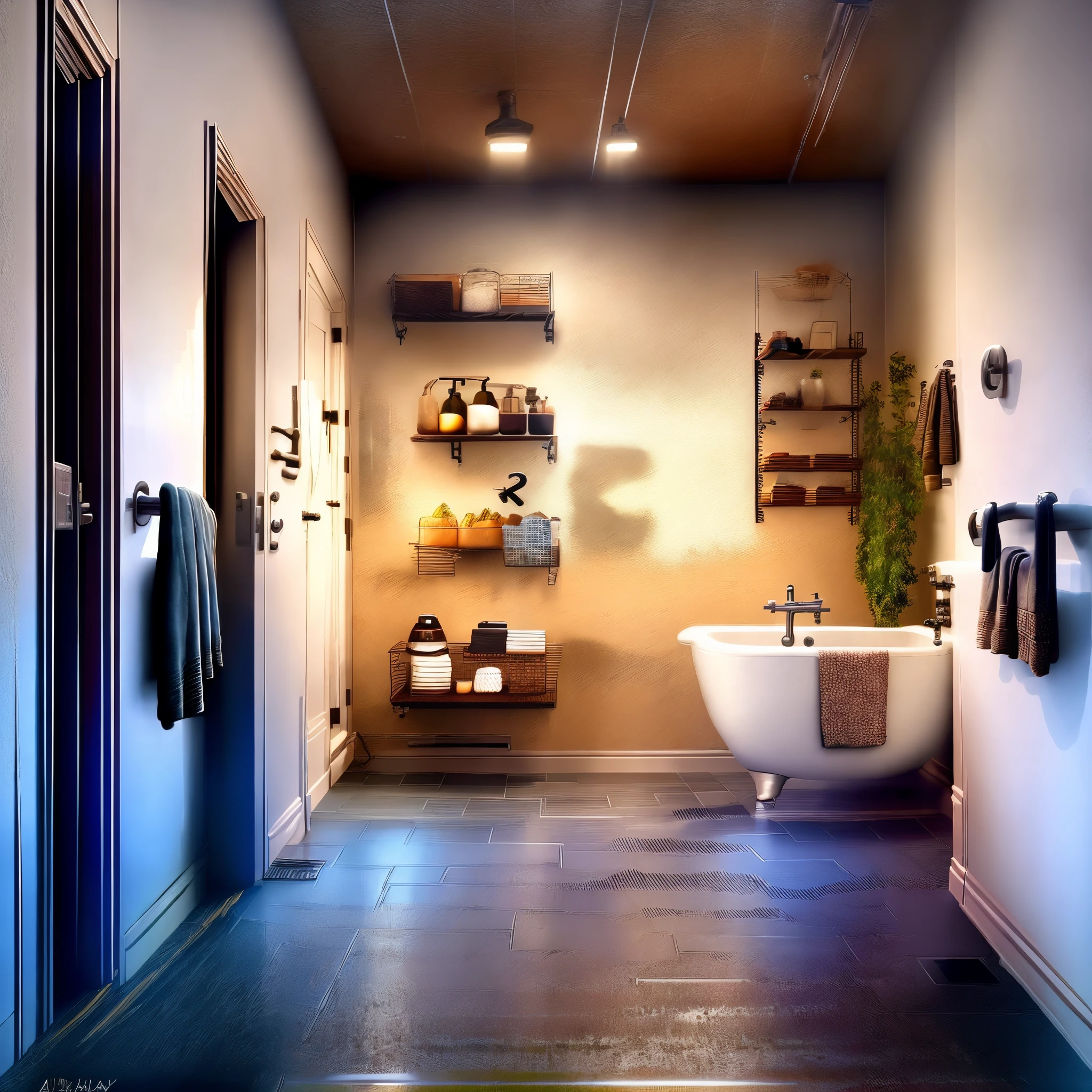 Industrial farmhouse decor in a bathroom with black floors and caramel walls