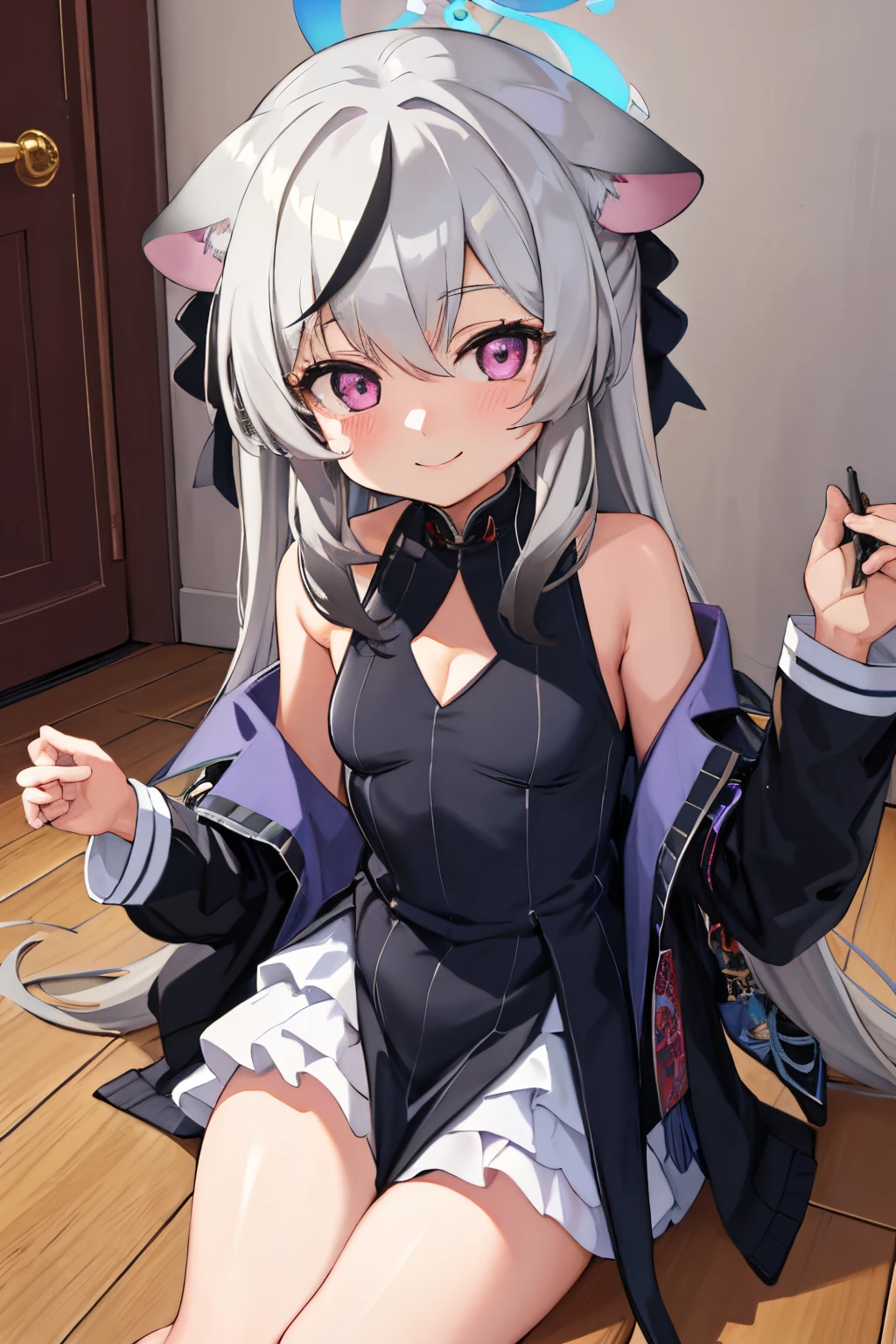 tmasterpiece， best qualtiy， ultra - detailed， 1girll，Gray hair Kokona， inside in room， Purple eye， ：3，the face  closeup cleavage,  Winter suit, winter wonder