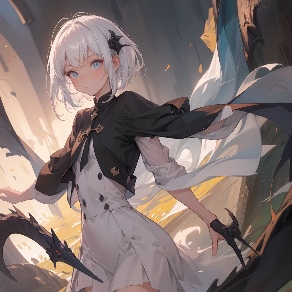 (melhor qualidade: 1.0), (super high res: 1.0), 1girl, personagem extremamente detalhado, detailed hands, Half-dragon girl, chifres, Dragon horns, Girl with black dragon tail, Black dragon tail, Cabelo extremamente detalhado, cabelo curto, ((short hair)), ((cabelos brancos)), ((mechas da cor preta)), olhos extremamente detalhados, olho com cores diferentes, Heterocromia, Olho direito de cor branca, Olho esquerdo de cor preta, dragon eyes, 2D, Arte de Anime, ((barnet)), ((corpo inteiro)), standing on her feet, medieval, RPG, pequena, baixa, (Altura Pequena), peitos pequenos, (adolescente), olhar morto, grim expression, preocupado, look of tiredness, camisa de manga comprida, Black jacket, brincos de estrela + Branco, vestido longo medieval + preto, pantyhose + black + white, salto alto, garras, black scales on the neck, escamas pretas no ombro, ombros expostos