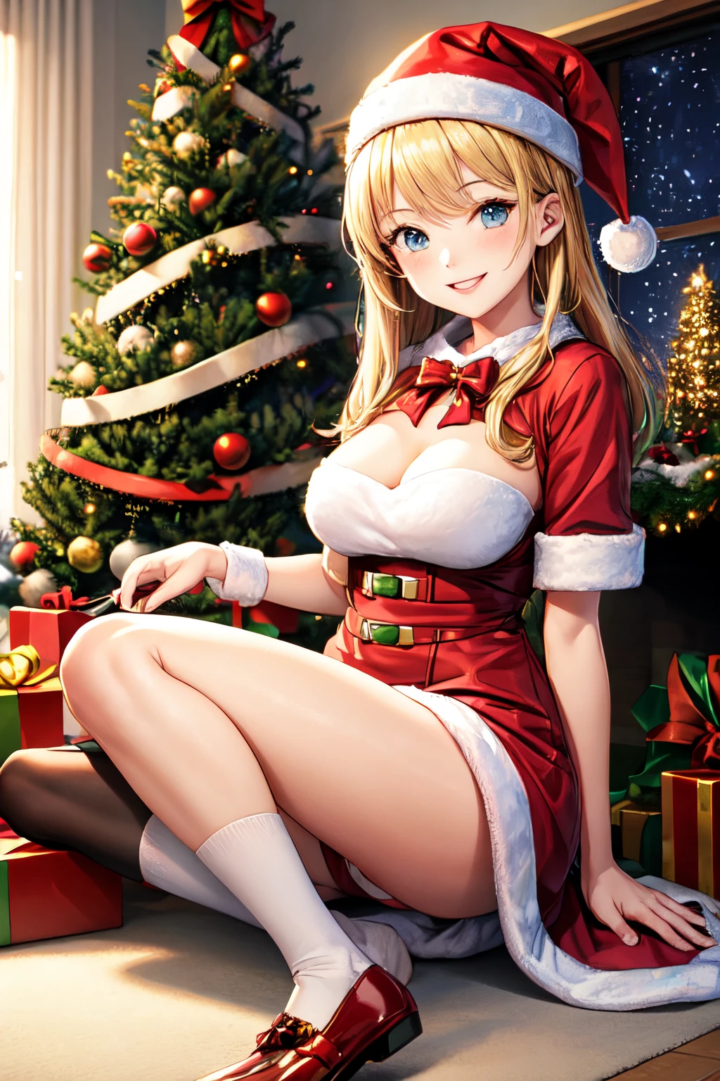 Anime girl in Christmas clothes, smiling, Christmas tree, bright, blond hair, stockings