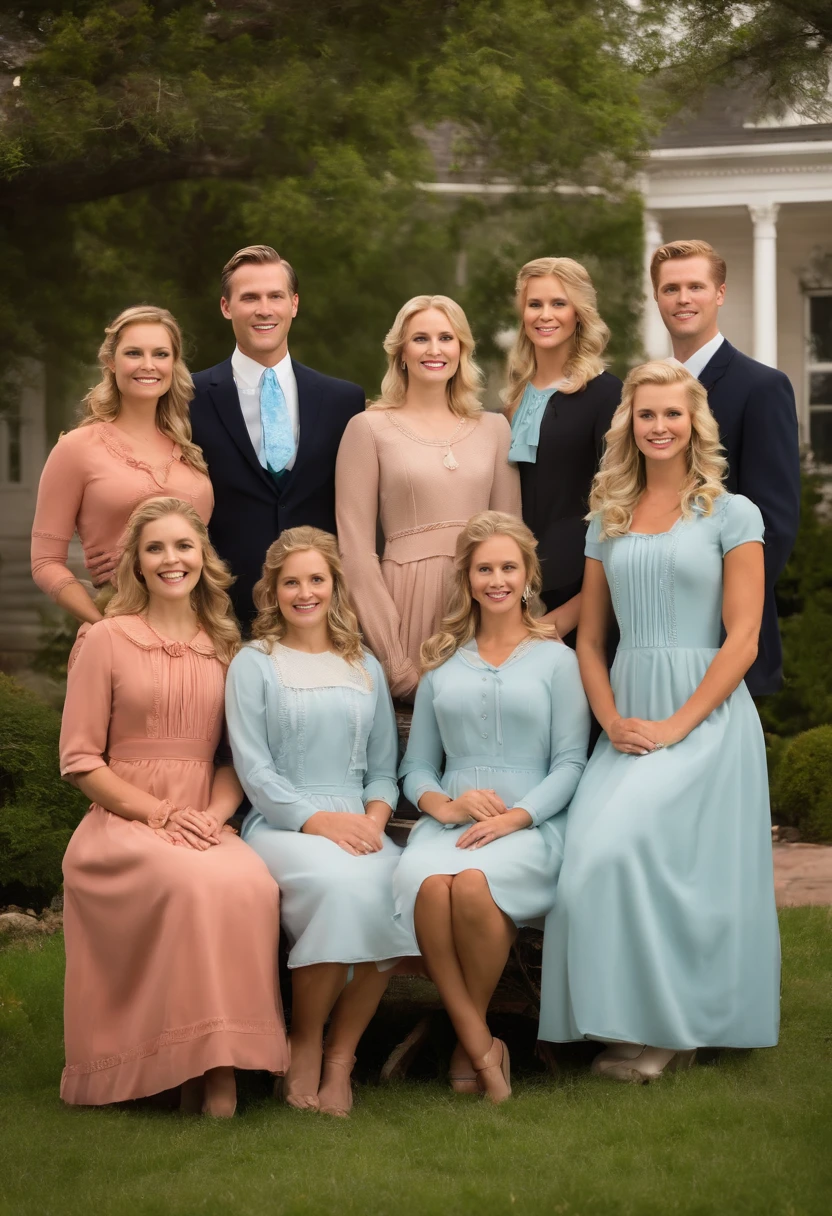 A photo of MormonMorgan with his 7 wives and potential future wives, all dressed in matching outfits, standing in front of their large house,original,MormonMorgan is blonde with blue eyes and he’s nearly 7 ft tall, male