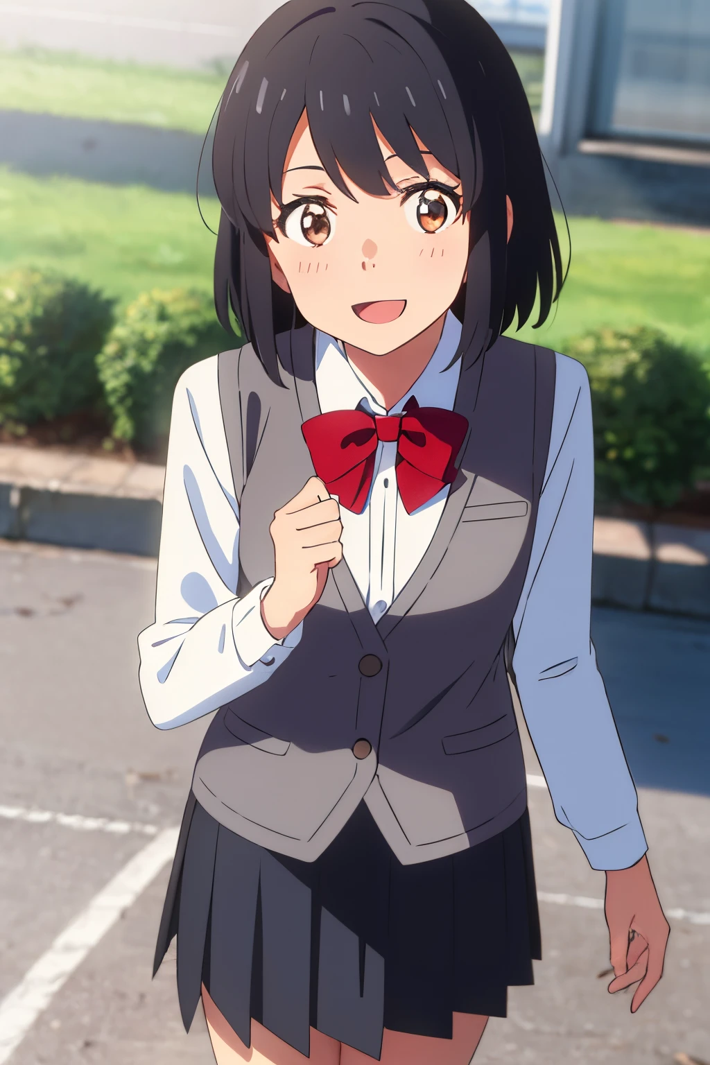 shinkai makoto, kimi no na wa., 1girl, bangs, black hair, brown eyes, red headband, red ribbon, white long sleeve shirt, gray vest, red bowtie, collared shirt,gray-colored skirt, short hair, solo, smile, open mouth, looking at the viewer,  cute, outdoors, masterpiece