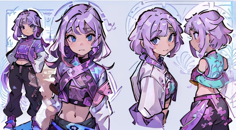 beautiful, masterpiece, best quality, perfect lighting, reference sheet, model sheet, concept art, vibrant colors, (multiple views, [from behind|from side|from front|close-up|upper body|portrait]:1.2), (Mature girl:1.2), detailed hands and fingers, messy hair colored bright purple, hair length stops at shoulders, happy expression, light blue eyes, hand resting on hip, toned body, small bust size, (Bright clothing with no patterns or designs, [black sweatpants|black midriff shirt|purple open midriff jacket torso and baggy white colored sleeves]: 1.5)