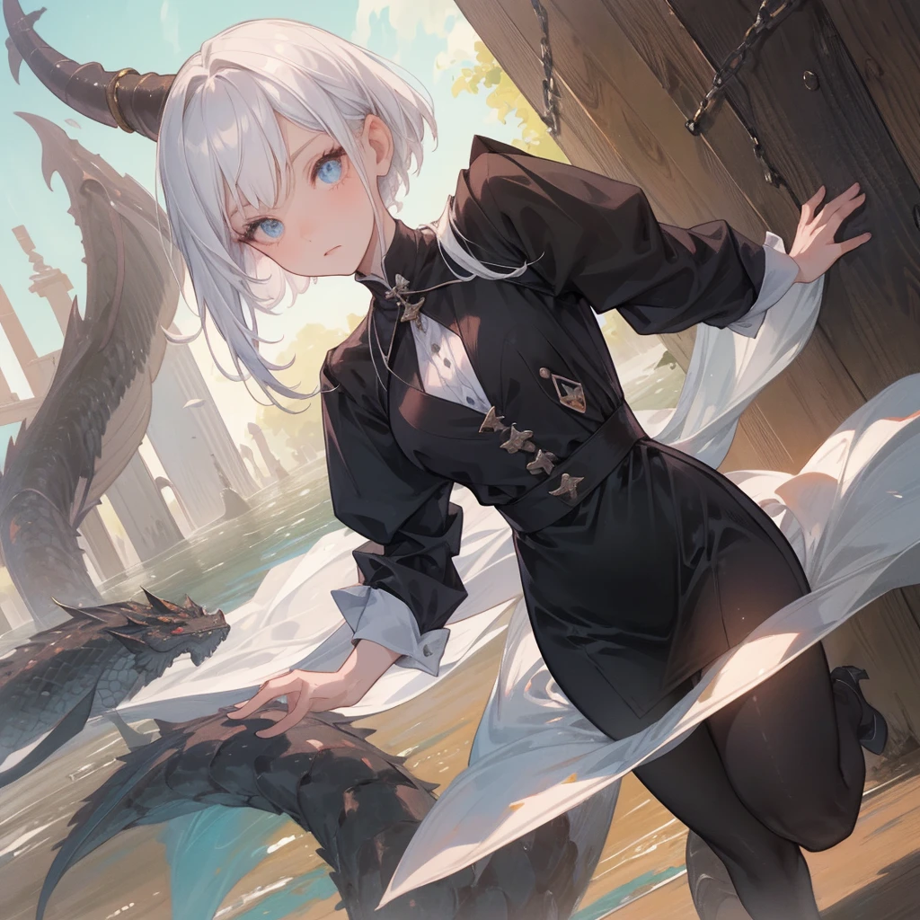 (melhor qualidade: 1.0), (super high res: 1.0), 1girl, personagem extremamente detalhado, detailed hands, Half-dragon girl, chifres, Dragon horns, Girl with black dragon tail, Black dragon tail, Cabelo extremamente detalhado, cabelo curto, ((short hair)), ((cabelos brancos)), ((mechas da cor preta)), olhos extremamente detalhados, olho com cores diferentes, Heterocromia, Olho direito de cor branca, Olho esquerdo de cor preta, dragon eyes, 2D, Arte de Anime, ((barnet)), ((corpo inteiro)), standing on her feet, medieval, RPG, pequena, baixa, (Altura Pequena), peitos pequenos, (adolescente), olhar morto, grim expression, preocupado, look of tiredness, camisa de manga comprida, Black jacket, brincos de estrela + Branco, vestido longo medieval + preto, pantyhose + black + white, salto alto