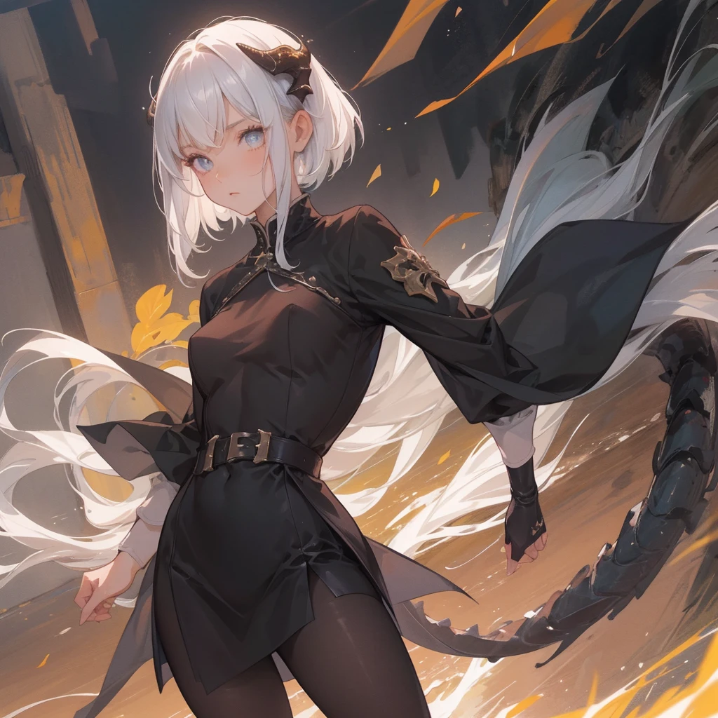 (melhor qualidade: 1.0), (super high res: 1.0), 1girl, personagem extremamente detalhado, detailed hands, Half-dragon girl, chifres, Dragon horns, Girl with black dragon tail, Black dragon tail, Cabelo extremamente detalhado, cabelo curto, ((short hair)), ((cabelos brancos)), ((mechas da cor preta)), olhos extremamente detalhados, olho com cores diferentes, Heterocromia, Olho direito de cor branca, Olho esquerdo de cor preta, dragon eyes, 2D, Arte de Anime, ((barnet)), ((corpo inteiro)), standing on her feet, medieval, RPG, pequena, baixa, (Altura Pequena), peitos pequenos, (adolescente), olhar morto, grim expression, preocupado, look of tiredness, camisa de manga comprida, Black jacket, brincos de estrela + Branco, vestido longo medieval + preto, pantyhose + black + white, salto alto