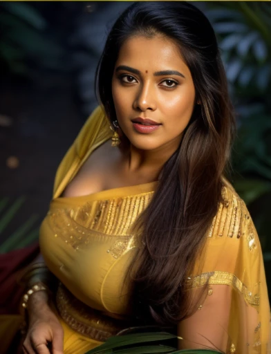 day scene, extreme close up photo of seductive indian model from top view wearing semi yellow top with big breast, big cheeks, red Hollywood lips, squatting near shrub in a garden, hourglass figure, armpits, (blue eyes:1), ponytail, necklace, 30 yo, look at viewer and smile,forest background (cinematic:1.3), intricate details, (ArtStation:1.2)