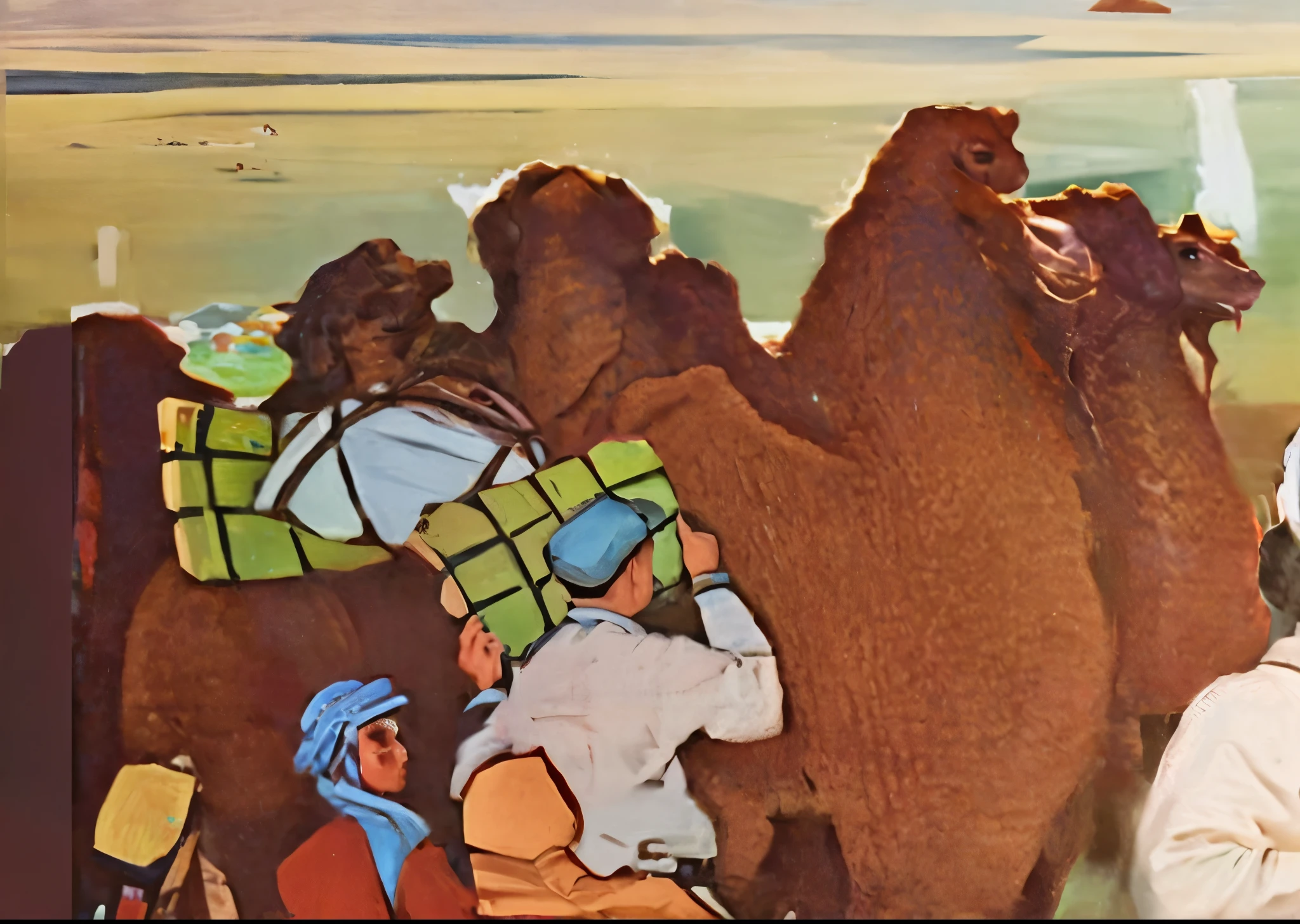 Best quality，tmasterpiece，（oil painted：1.5），Two camels，camelstoe，camelstoe（Amysol：0.248），（Stanley Ategg Liu：0.106），（a detailed painting：0.353），（Renaissance classical oil painting style：0.8）