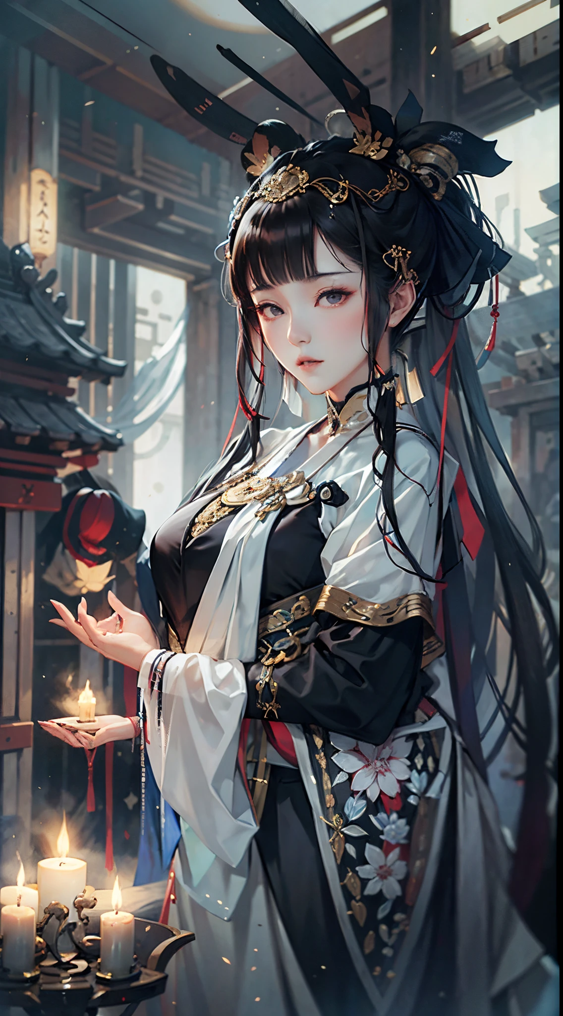 Japanese high priestess, elegant, noble, white skin, wearing elegant black and white clothes, late at night, ancient Japanese temple, low light, sacred atmosphere, blue tones, candle flame, line of precepts, half body image,