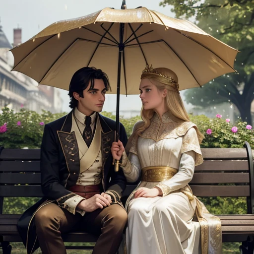 Tall dark haired young nobleman, in rain during day, daytime, standing over gold haired blonde princess who is sitting on park bench, holding umbrella, in garden, impressionist