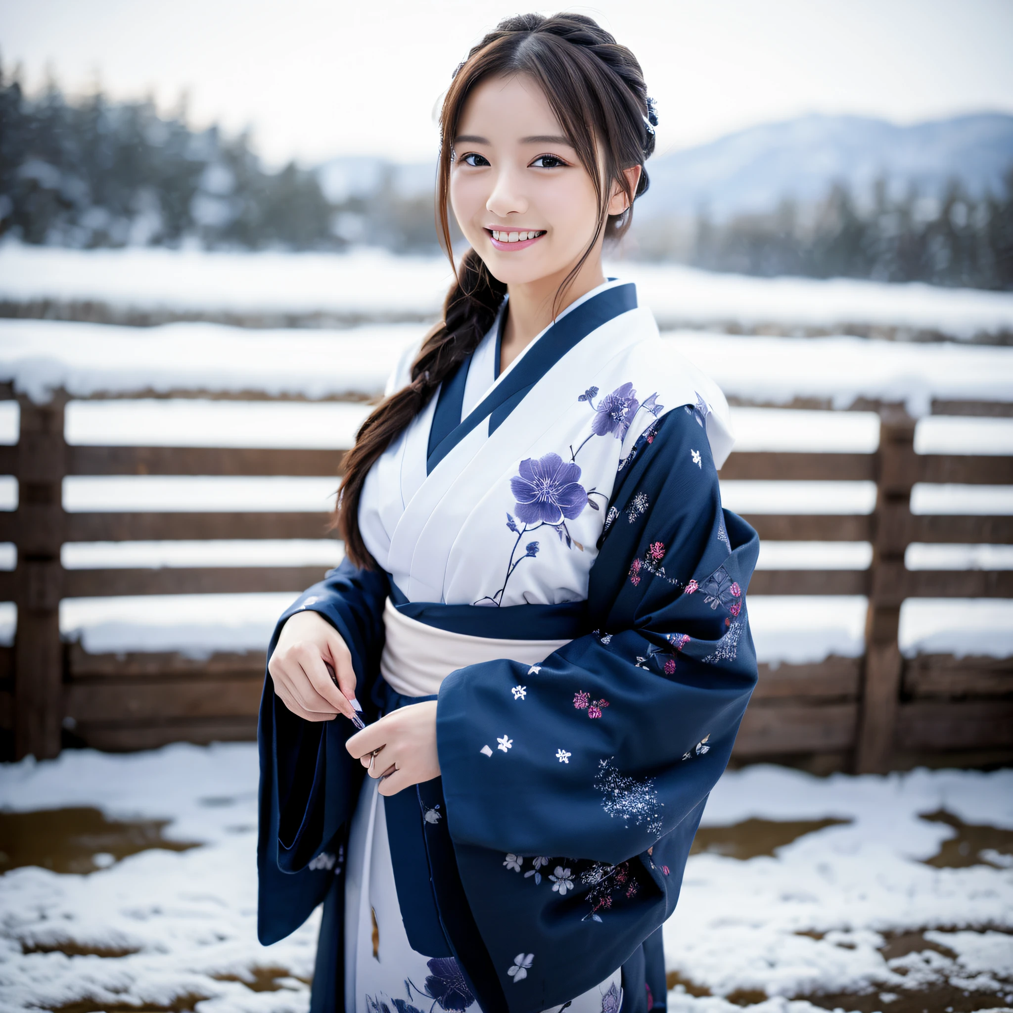 (Super beautiful woman in kimono)、((best qualtiy、8k masterpieces:1.3))、foco nítido:1.2、(ultra beautiful faces:1.0)、(shinny skin:1.0)、photos realistic、A dark-haired、Video Lighting、High-definition eyes and face、Video Lighting、Japanese actressl、from the front side、medium breasts、With a happy smile、Slender Abs Beauty、Whole body、wearing kimonos、In a snowy landscape in the middle of winter、highest grade obi