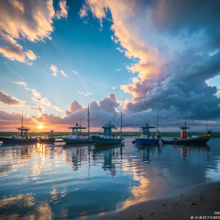 ​masterpiece, top-quality, hightquality, High-definition shooting with 8k CG unit, scenecy, outside of house, Heaven, 云, tag,（ Solar sunset）, No humans, Beach, the panorama, Eau, tree, blue open sky, naturey, Damage, Cloudy sky, awardwinning photo, depth of fields, nffsw, florals, No chromatic aberration, noise-free, Photorealista, ighly detailed, Trending on ArtStation, trend at CGSociety, Convoluted, high detal, 3 small unnamed fishing boats