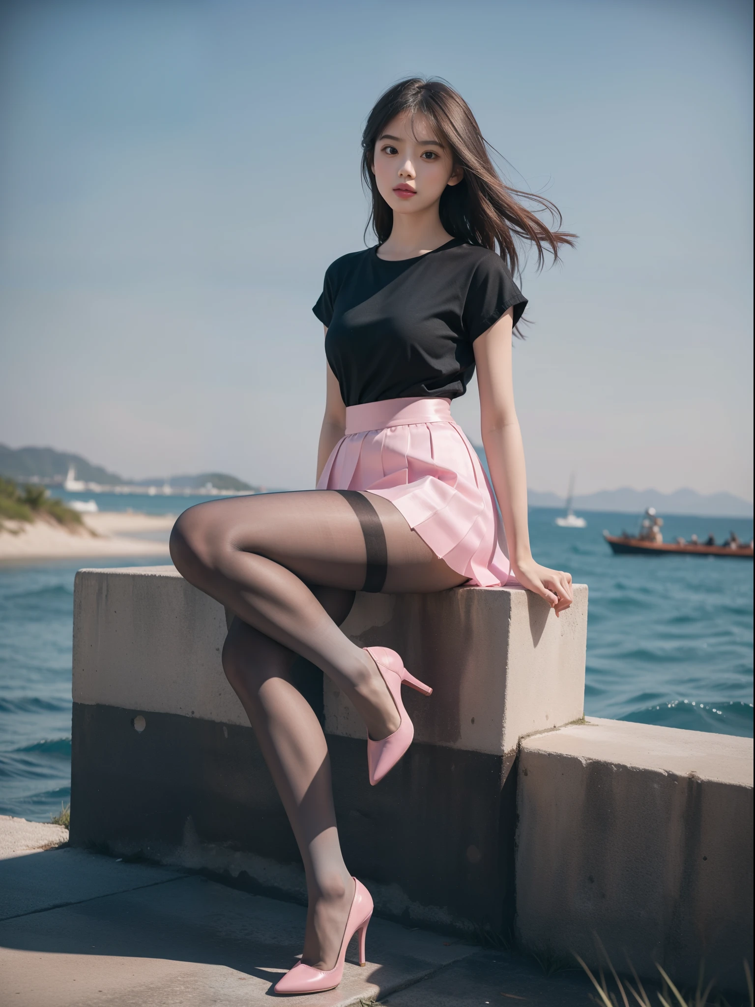 (full body:1.5),(1girl:1.3),(view the viewer:1.4),(anatomy correct:1.3),(Sitting on the sea:1.2),(A pink and blue Elastic skirt :1.2),(Tan Pantyhose:1.3),( girl pointed thick heels :1.1),(Accurate and perfect face:1.3),hyper HD, Ray traching, reflective light, structurally correct, Award-Awarded, high detail, lighten shade contrast, Face lighting ,cinematic lighting, masterpiece, super detailing, high quality, high detail, best quality, 16k,High contrast,