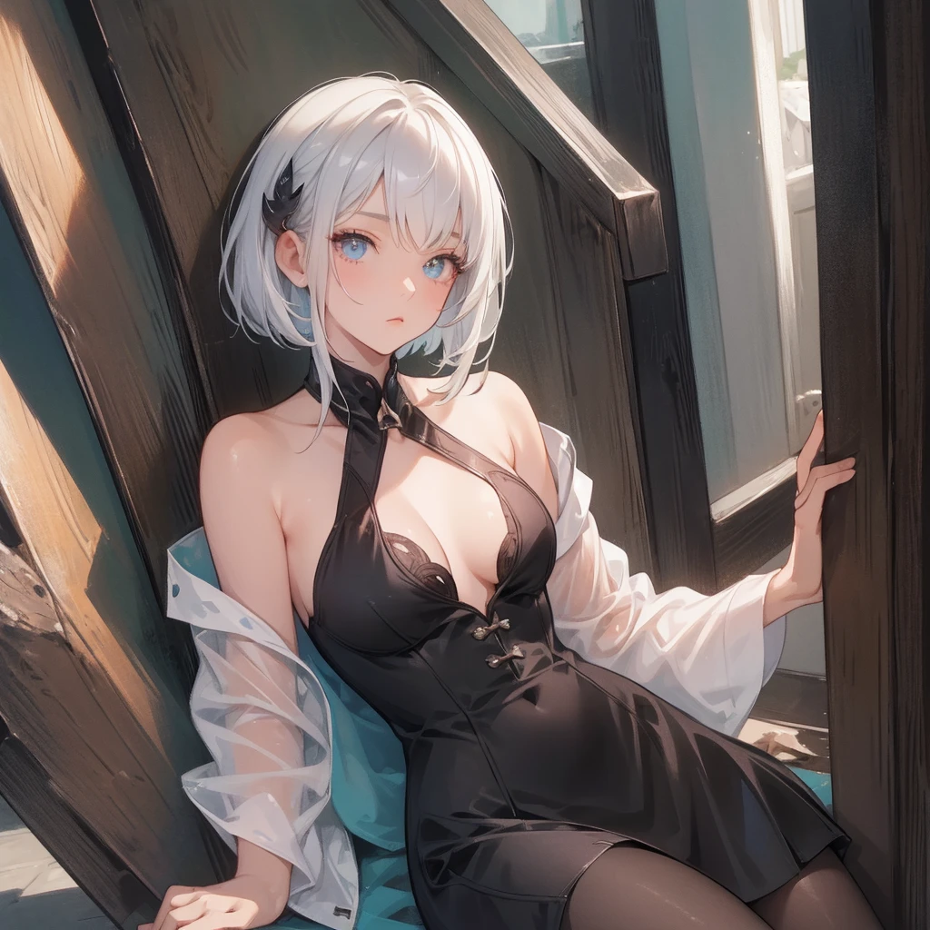 (melhor qualidade: 1.0), (super high res: 1.0), 1girl, personagem extremamente detalhado, detailed hands, Half-dragon girl, chifres, Dragon horns, Girl with black dragon tail, Black dragon tail, Cabelo extremamente detalhado, cabelo curto, ((short hair)), ((cabelos brancos)), ((mechas da cor preta)), olhos extremamente detalhados, olho com cores diferentes, Heterocromia, Olho direito de cor branca, Olho esquerdo de cor preta, dragon eyes, 2D, Arte de Anime, ((barnet)), ((corpo inteiro)), standing on her feet, medieval, RPG, pequena, (baixa), (Altura Pequena), peitos pequenos, (adolescente), olhar morto, grim expression, preocupado, look of tiredness, camisa de manga comprida, Black jacket, brincos de estrela + Branco, vestido longo medieval + preto, pantyhose + black + white, salto alto