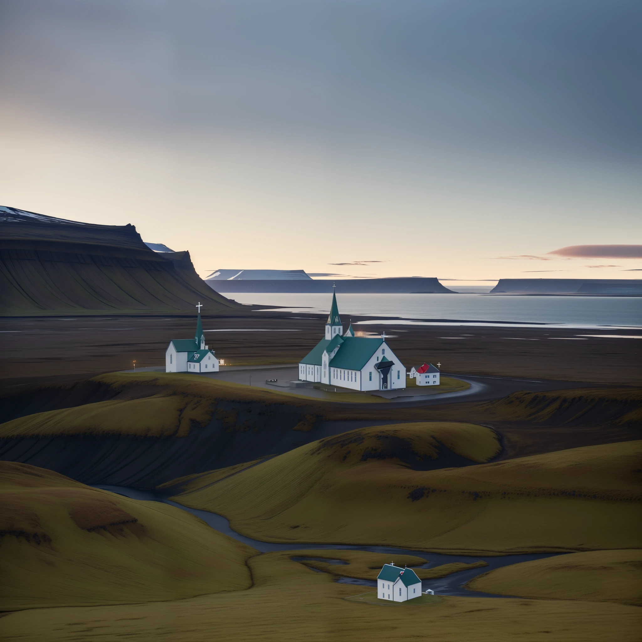 Alafide Church is located on Mt.,Overlooking a stretch of water, Remote Icelandic village, iceland photography, Icelandic hills in the background, iceland, author:Hallsteinn Sigurðsson, author:Matthias Storm, author:Dietmar Dammelau, by Sebastian Spren, iceland landscape photography, author:Juliana Swainsdottir, an icelandic landscape