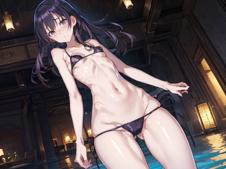 masutepiece,Best Quality,Ultra-detailed,High resolution,Unity 8k壁纸,super detailed skin,Cinematic lighting,Beautiful detailed eyes,Ideal ratio body proportions,(Small breasts:1.4), bikini of, underboob, Small bikini,((slim)), Thin, an hourglass figure, Toned, Flat belly, (wide hips), (bear a on the hip), micro bikini, thick thighs