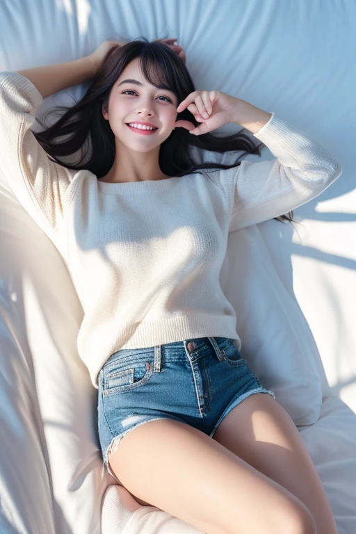 (best quality, ultra-high quality, high quality fingers, best smyle), highest light, highest shadow, one garl, lying on the bed, shot from above, white high neck knit, tights, GIRLS denim shorts, sharp image, incredible resolution, beautiful effect,