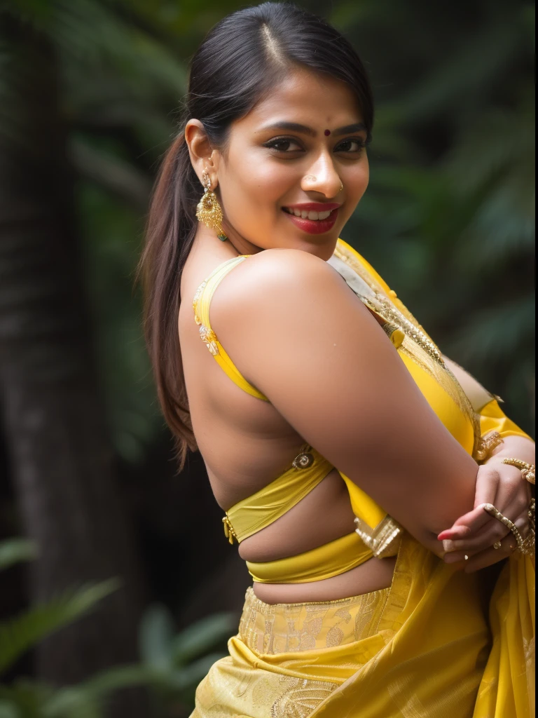 day scene, extreme close up photo of seductive indian model from top view wearing semi yellow top with big breast, big cheeks, red Hollywood lips, squatting near shrub in a garden, hourglass figure, armpits, (blue eyes:1), ponytail, necklace, 30 yo, look at viewer and smile,forest background (cinematic:1.3), intricate details, (ArtStation:1.2)