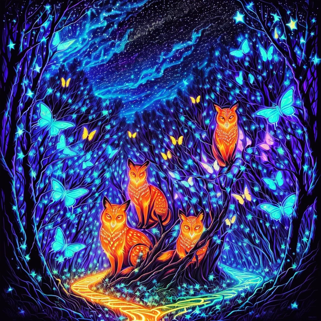 (black light art drawing: 1.8），In this black light art illustration，A mysterious night sky spreads before our eyes。In the dark，through the boundless universe，Stars dot the sky，Shine a faint yet brilliant light。These stars are not traditional white，Instead it exudes a strange orange color、Neon colors and other bright light effects。against the backdrop of stars，A mysterious forest emerges。The trees sway lightly，Seems to be ready for some mysterious ritual at any time。Their outlines gradually become clearer under the black light.，Emitting bursts of faint fluorescence。The texture of leaves and flowers and the texture of tree trunks are highlighted，They seem to exude subtle vitality。In this mysterious forest，A group of wild animals became active。1 orange fox，Its hair looks extremely soft under the black light，Eyes sparkle with wisdom。1 neon butterfly，dance through the air，Every flap of the wings leaves a beautiful trail of color。And a glowing shy owl，It sits quietly on a tree branch，through its eyes，you can see the stars twinkling。The entire illustration presents a mysterious and charming atmosphere，The visual impact and color saturation brought by black light art are unforgettable。It shows the beauty in darkness and the miracle of life，Let&#39;s think about the infinite possibilities in the universe, （black light art drawing：1.8）, （Anatomically correct and precise facial structure, detailed facial depiction, and delicate facial features）, Blacklight Neon Trippy Psytrance Black light UV
