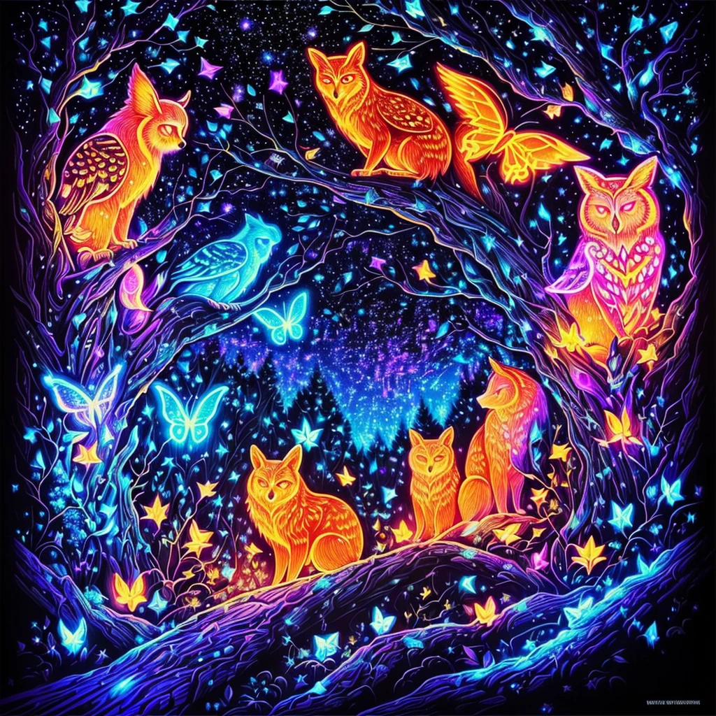 (black light art drawing: 1.8),In this black light art illustration,A mysterious night sky spreads before our eyes。In the dark,through the boundless universe,Stars dot the sky,Shine a faint yet brilliant light。These stars are not traditional white,Instead it exudes a strange orange color、Neon colors and other bright light effects。against the backdrop of stars,A mysterious forest emerges。The trees sway lightly,Seems to be ready for some mysterious ritual at any time。Their outlines gradually become clearer under the black light.,Emitting bursts of faint fluorescence。The texture of leaves and flowers and the texture of tree trunks are highlighted,They seem to exude subtle vitality。In this mysterious forest,A group of wild animals became active。1 orange fox,Its hair looks extremely soft under the black light,Eyes sparkle with wisdom。1 neon butterfly,dance through the air,Every flap of the wings leaves a beautiful trail of color。And a glowing shy owl,It sits quietly on a tree branch,through its eyes,you can see the stars twinkling。The entire illustration presents a mysterious and charming atmosphere,The visual impact and color saturation brought by black light art are unforgettable。It shows the beauty in darkness and the miracle of life,Let's think about the infinite possibilities in the universe, (black light art drawing:1.8), (Anatomically correct and precise facial structure, detailed facial depiction, and delicate facial features), Blacklight Neon Trippy Psytrance Black light UV