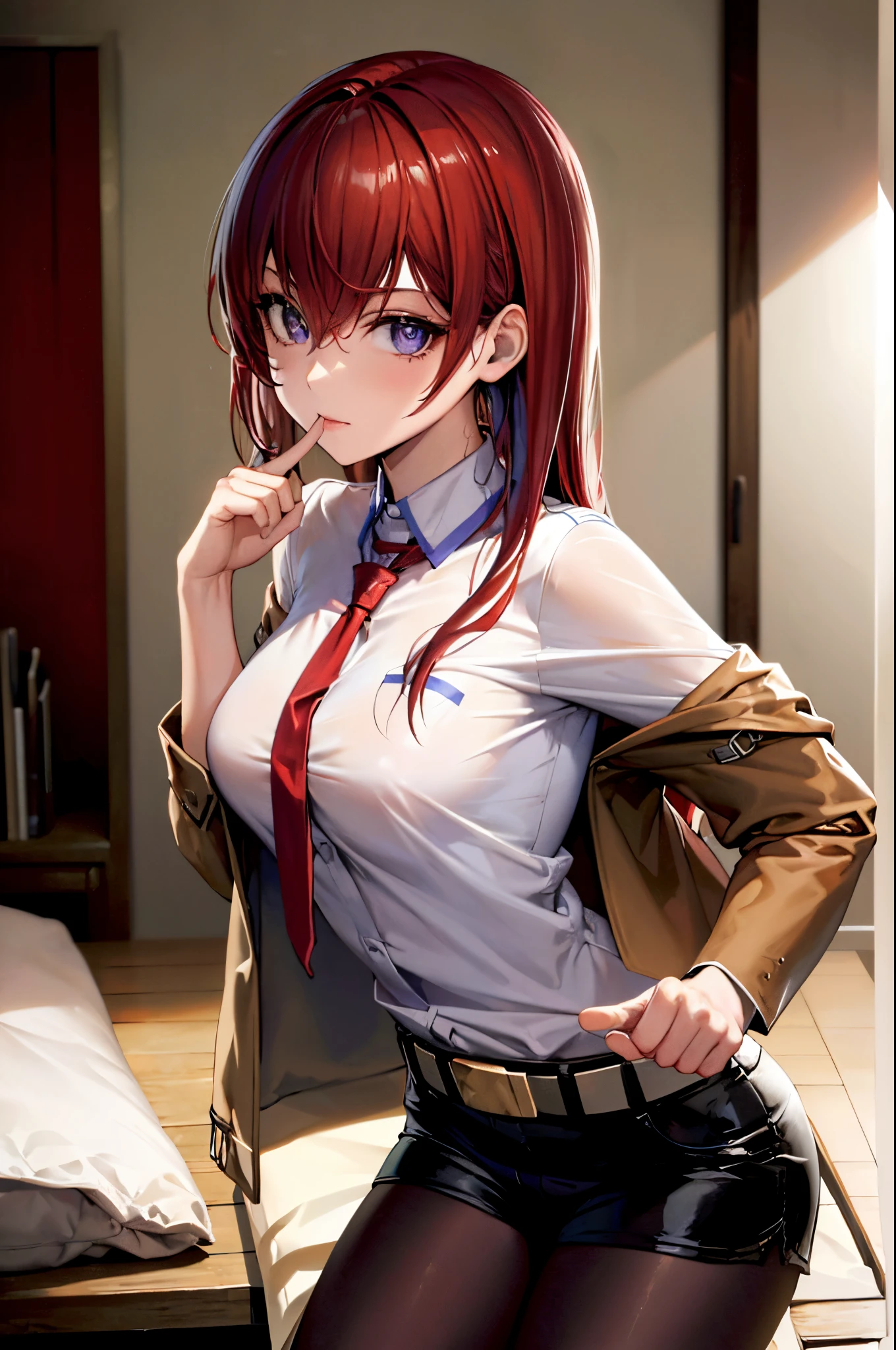 ((masterpiece), (best quality), ultra high res, 1girl, long hair, (red hair:1.5), long hair, eyes visible through hair, bangs, hair between eyes, blue eyes, purple eyes, shorts, pantyhose, jacket, shirt, red necktie, necktie, belt, white shirt, legwear under shorts, brown jacket, short shorts, long sleeves, black pantyhose, room, leaning forward, hands on waist, arm outstretched, finger pointing, index finger, pointing at the viewer, portrait, looking at the viewer,