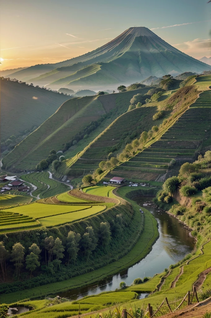 A realistic photo of a rural landscape on the slopes of a hill. In Indonesia. Green and cool. With a dead volcano in the distance in the background. Fertile land with rice fields around the village. With a clear flowing river. The scenery is detailed and beautiful. The atmosphere of the sun rising in the morning. Birds are flying in the sky. The sky is yellowish orange in color.