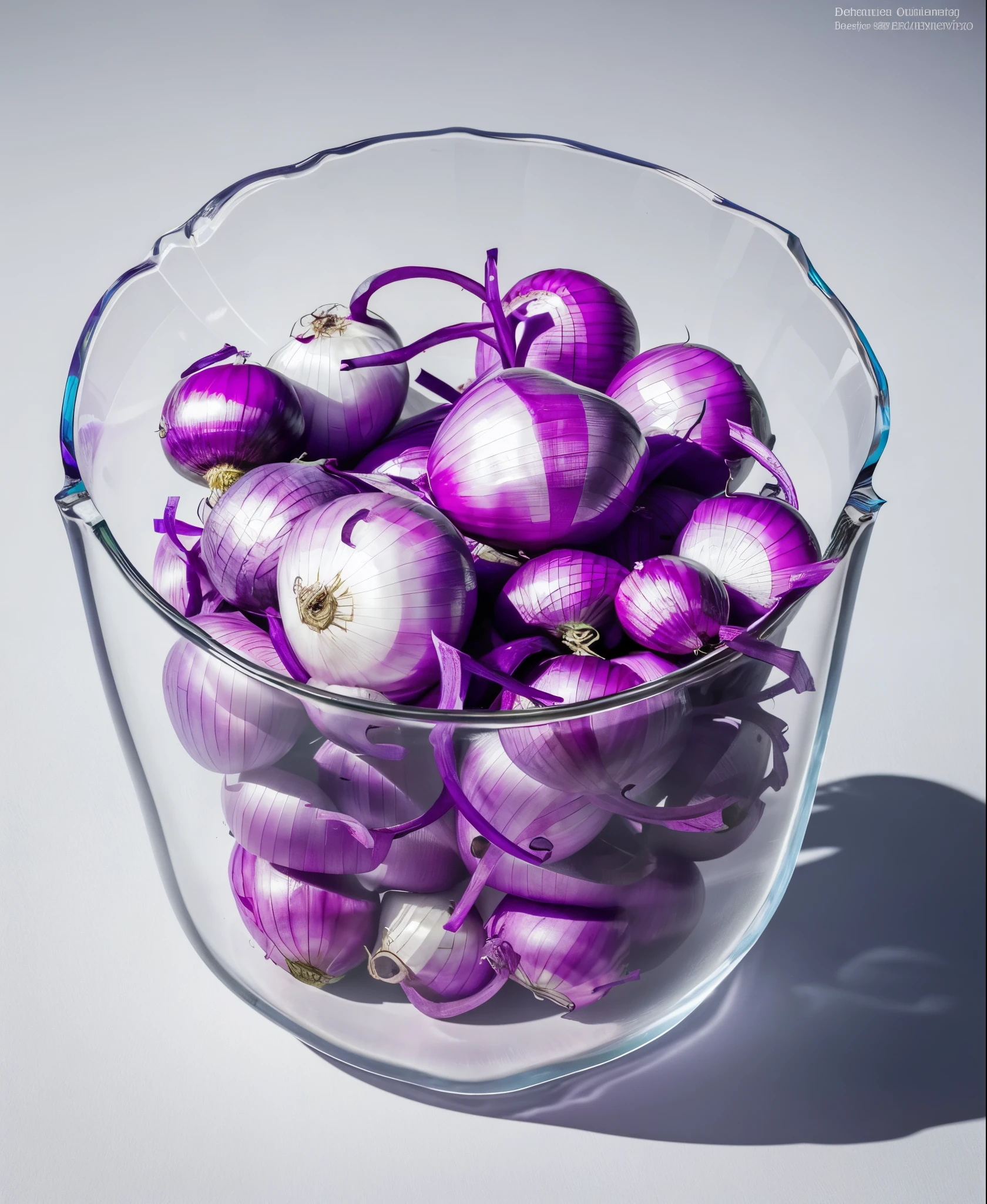 (Best quality,8K,Masterpiece:1.3),NOhumans,clear glass bowl,There are some sliced purple onions in it, blend, detalhe poderoso, intense detail, on the white background, Clear detail, professional,(Hyper-realistic:1.3)