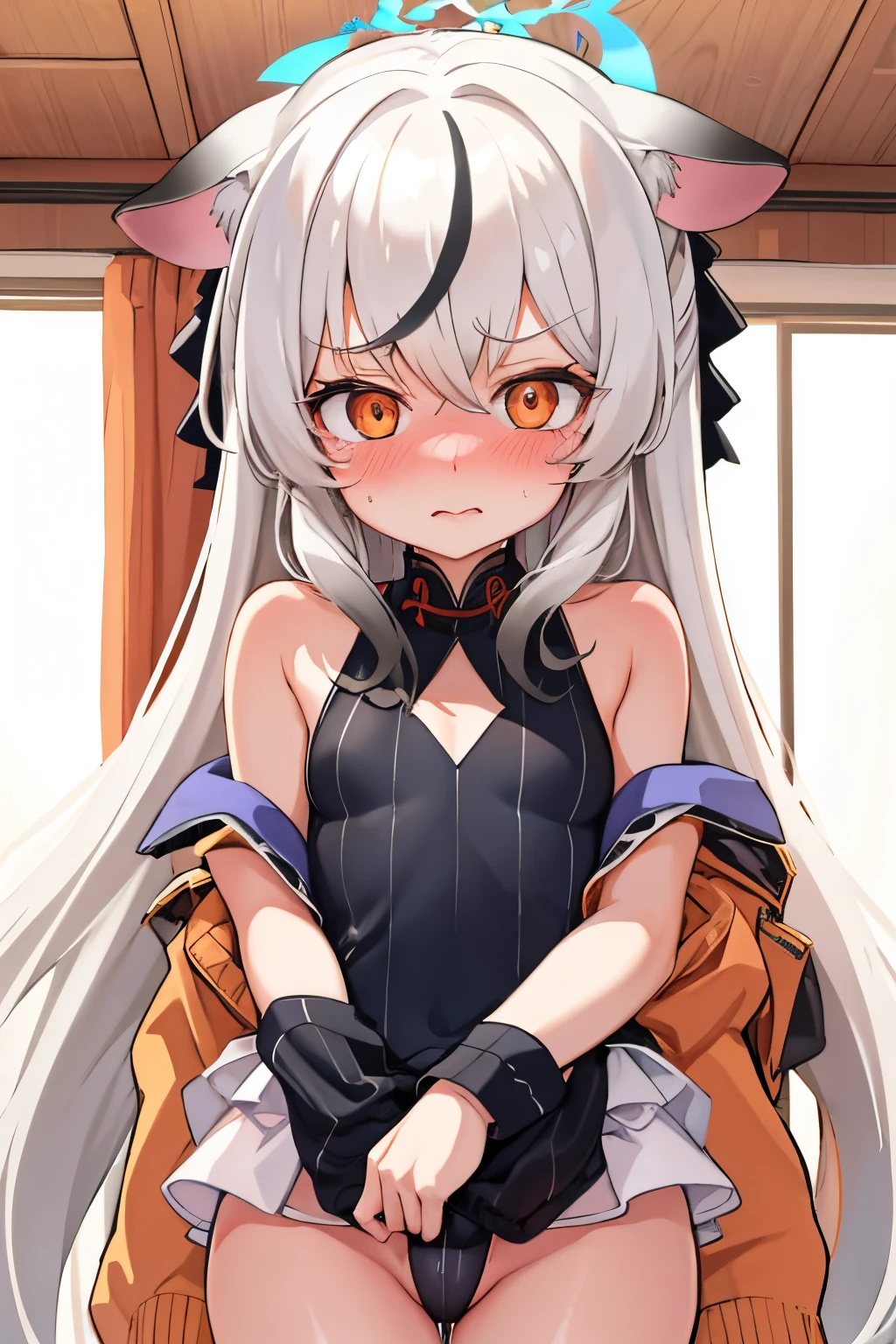 1girl, kokona, indoors, orange eyes, white hair, :3 mouth, embarrassed, beautiful eyes, beautiful lips, shiny lips, extremely detailed eyes and face, long eyelashes, close-up, warm lighting, vibrant colors, looking at the viewer, embarrassed look, blush, in bikini