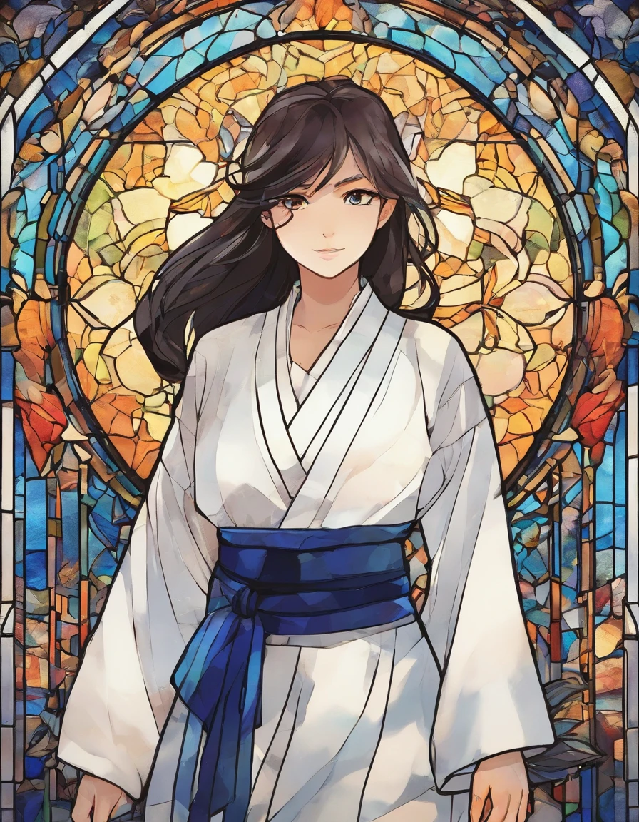 1 rapariga, Empty-handed home, 18year old, long-sleeve,long trousers、White Karate Uniform、black belt、length hair、Beautiful face
