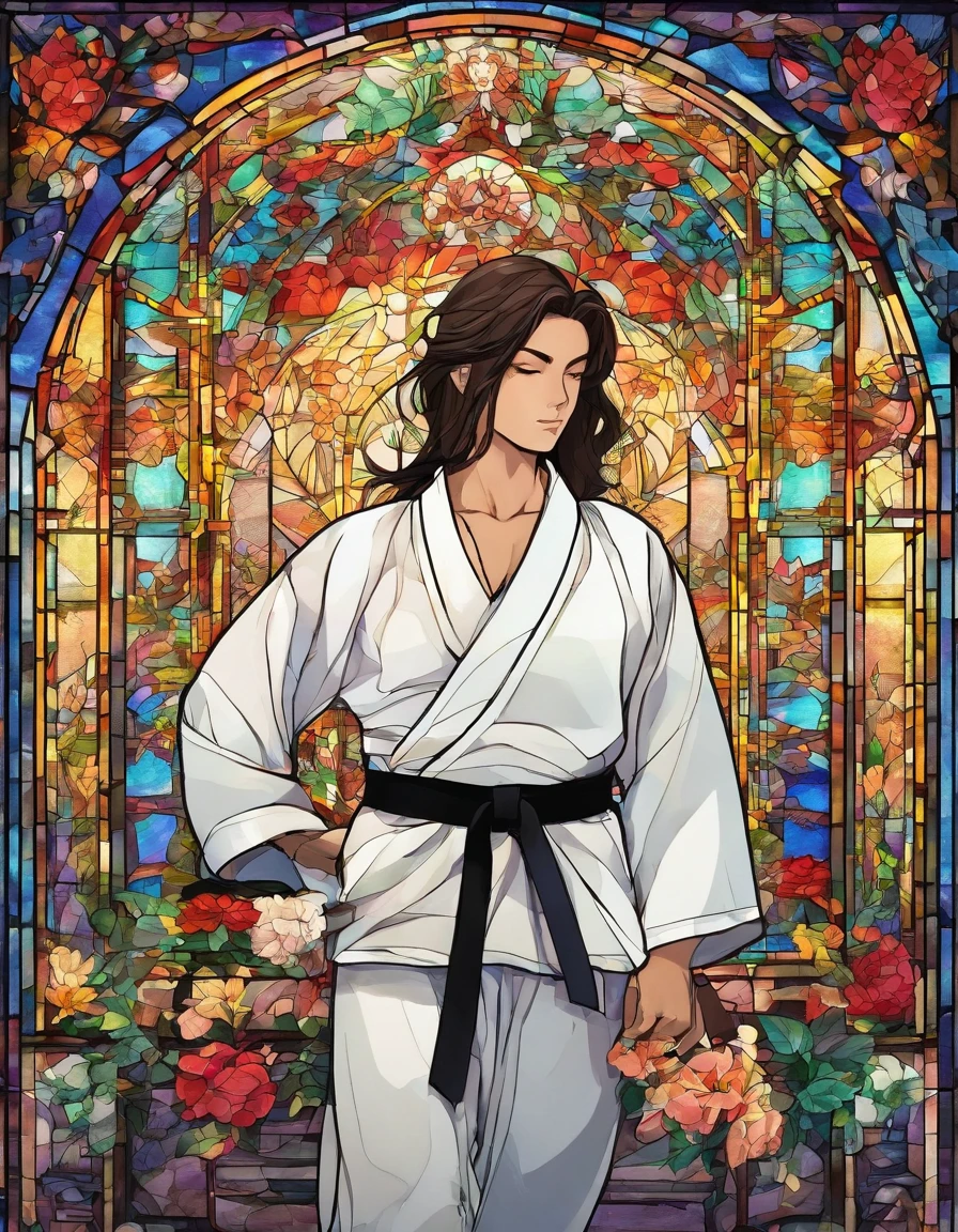 1 rapariga, Empty-handed home, 18year old, long-sleeve,long trousers、White Karate Uniform、black belt、length hair、Beautiful face
