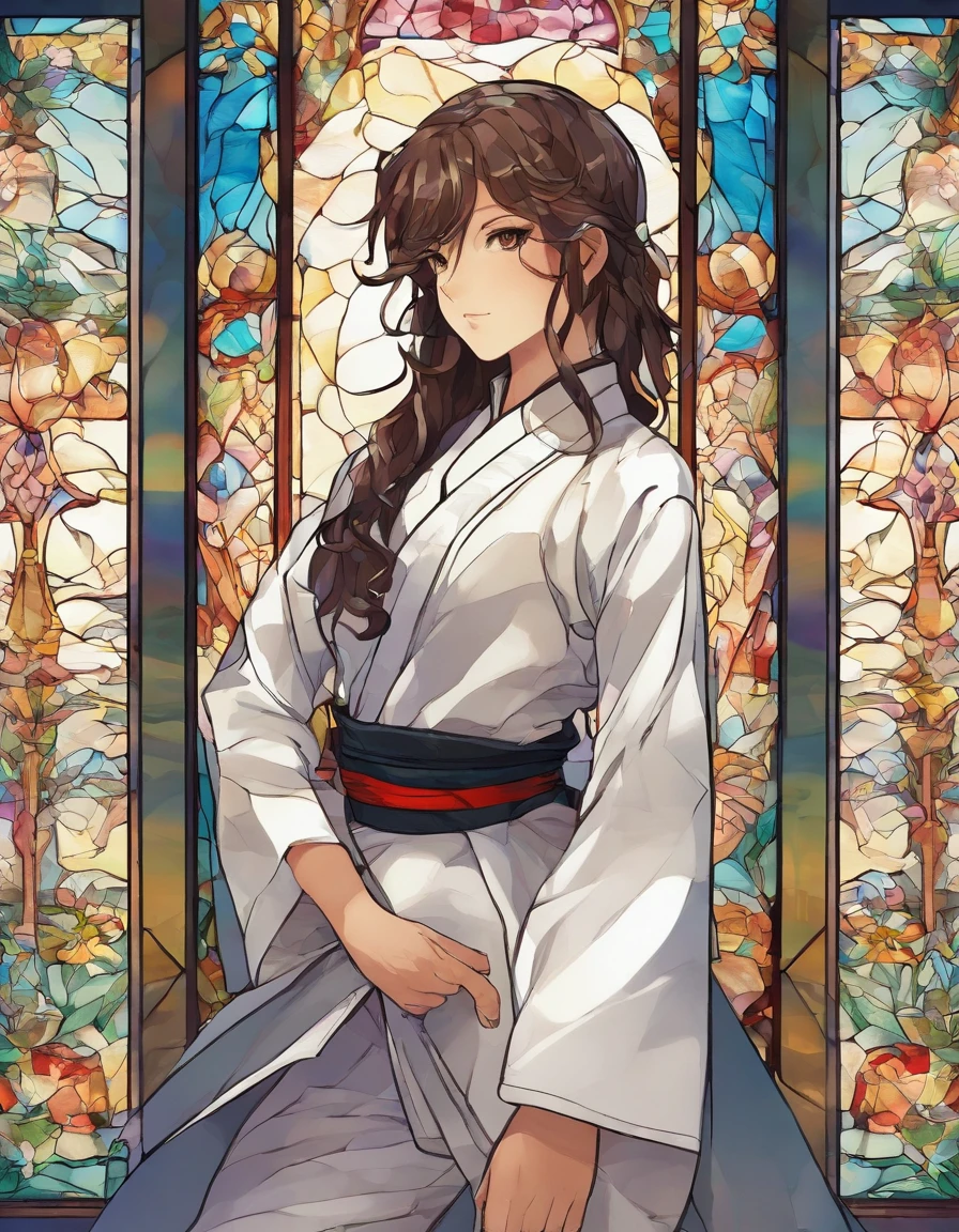 1 rapariga, Empty-handed home, 18year old, long-sleeve,long trousers、White Karate Uniform、black belt、length hair、Beautiful face