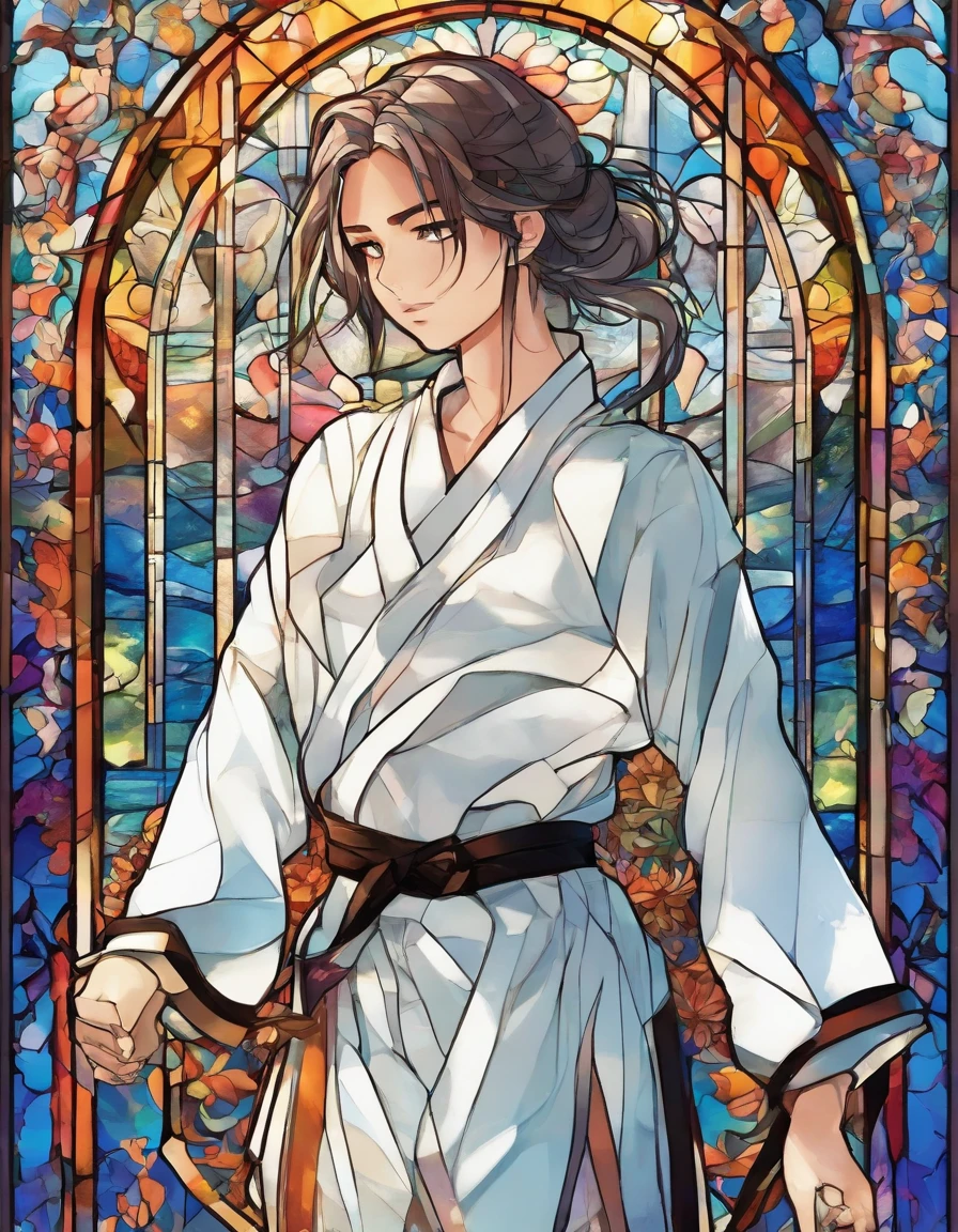 1 rapariga, Empty-handed home, 18year old, long-sleeve,long trousers、White Karate Uniform、black belt、length hair、Beautiful face