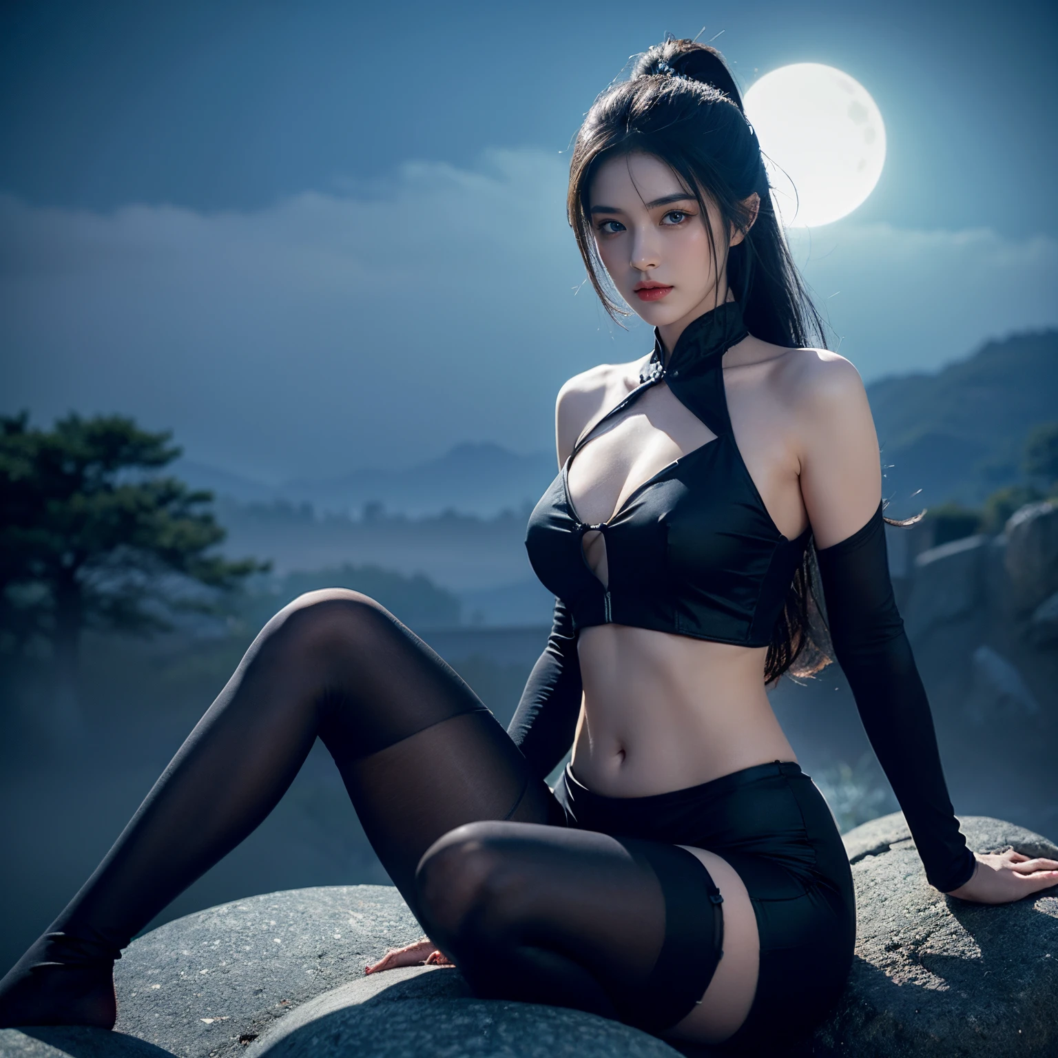 Ancient Chinese girl,18yr old,Assassin outfit,longponytail,black color hair,Devil's Eye,(blue colored eyes),A plump chest,High chest,Black silk body stockings,black skintight clothes,Shoulders bare,Expose your navel,close your mouth,Sitting sideways on a stone,elegant and charming,heroic look,fog atmosphere,ancient city background at night,hyper realisitc,ancient fantasy,8K,be full of details,realistically