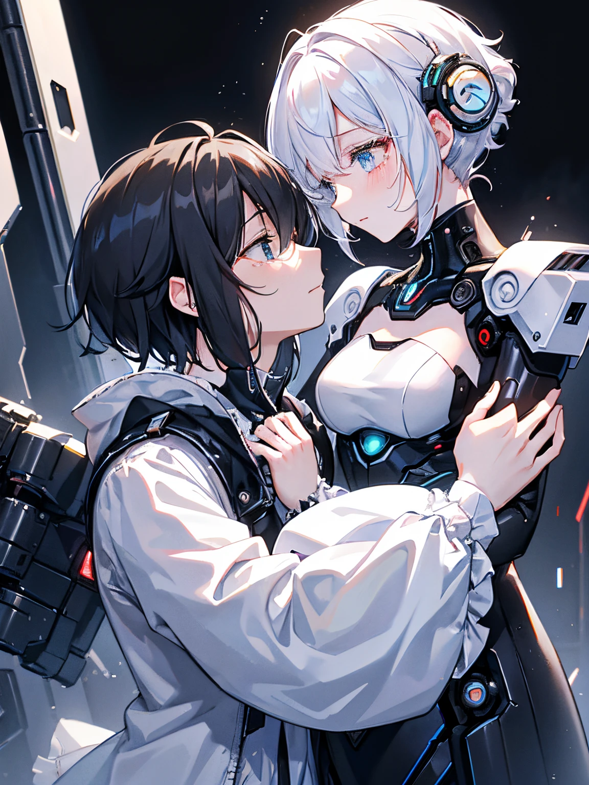 A love story between an android and a human in their 20s、tragic love、android(male people、A dark-haired、short-hair、The whole body is made of machines、Even the ears are made of machines.)、The human(femele、white hair、wearing frilly clothes、Crying face)Cyberpunk background、dark backgrounds