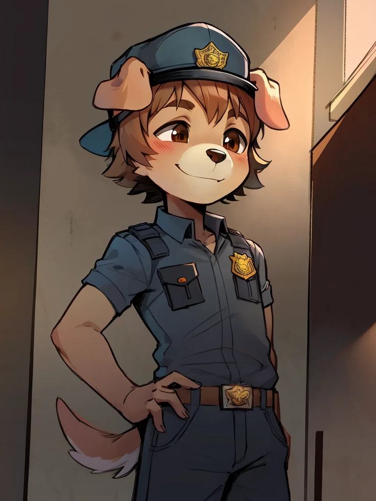 Furry，dog boy，brown fur，brown eyes，Single tail，short detailed hair, police uniform and hat, male, short, smiling, eyes half closed, backwards hat,