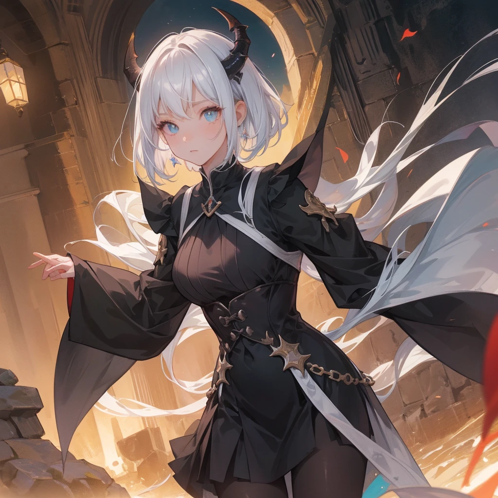 ((Highest quality)), ((masterpiece)), (detailed), 1girl, cute Five fingers Small wolf ears Black braid forehead Petite Normal chest No human ears Big eyes Her eyes are black first round whole body Black tabard The background is an ancient castle town