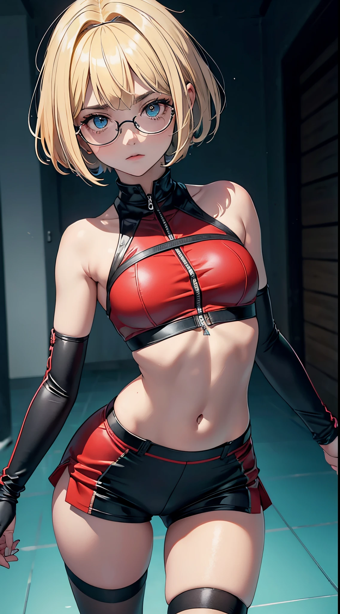 1girl, franja, ombros apertados, Corpo de , Menionde hair, short hair, olhos verde, seios, clivagem, decote querido, boca fechada, Eyebrows visible in the hair, seios pequenos, Olhando para o Viewer, sorrir, tenso, Standing, micro biquini 1.6 vermelho, visualizador frontal mostrando seios, Ultra HD | |, Imagem 4k, glasses