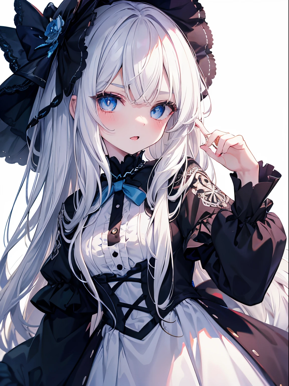 masutepiece, Highest Quality, (Perfect face:1.1), (high detailing:1.1), (ultradetailed eyes), Dramatic, superfine illustration, Extremely detailed, 1girl in, (pale skin), long white hair, Ethereal eyes, Blue eyes,tareme, (light eyebrow),blush,Solo, Smile, Open mouth,Pouty lips,Cinematic lighting, Looking at Viewer,Cowboy Shot,Gothic lolita, frilld, bow ribbon,Head dress,Long sleeve,White background