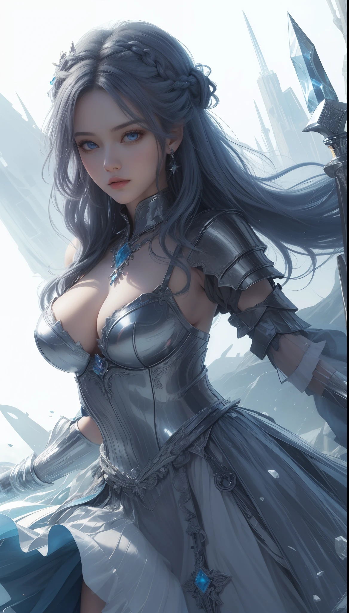 tmasterpiece，Highest image quality，，Beautiful female knight full body portrait，Exquisite blue braid hairstyle，Clear  eyes，The sword，armour，crystal，Ultra-detailed details，advanced。At the Pixiv Art Station，Break your own power，Luigi，Big breasts exposing cleavage，R-18G